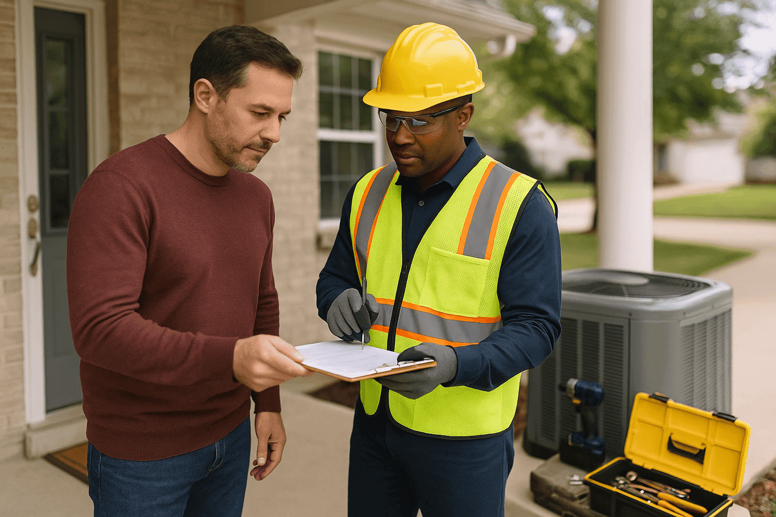 Homeowner discussing an estimate with a licensed technician holding a clipboard