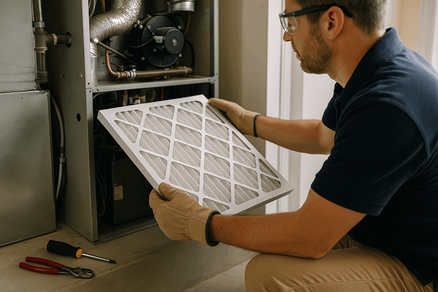 Homeowner replacing HVAC air filter in furnace system