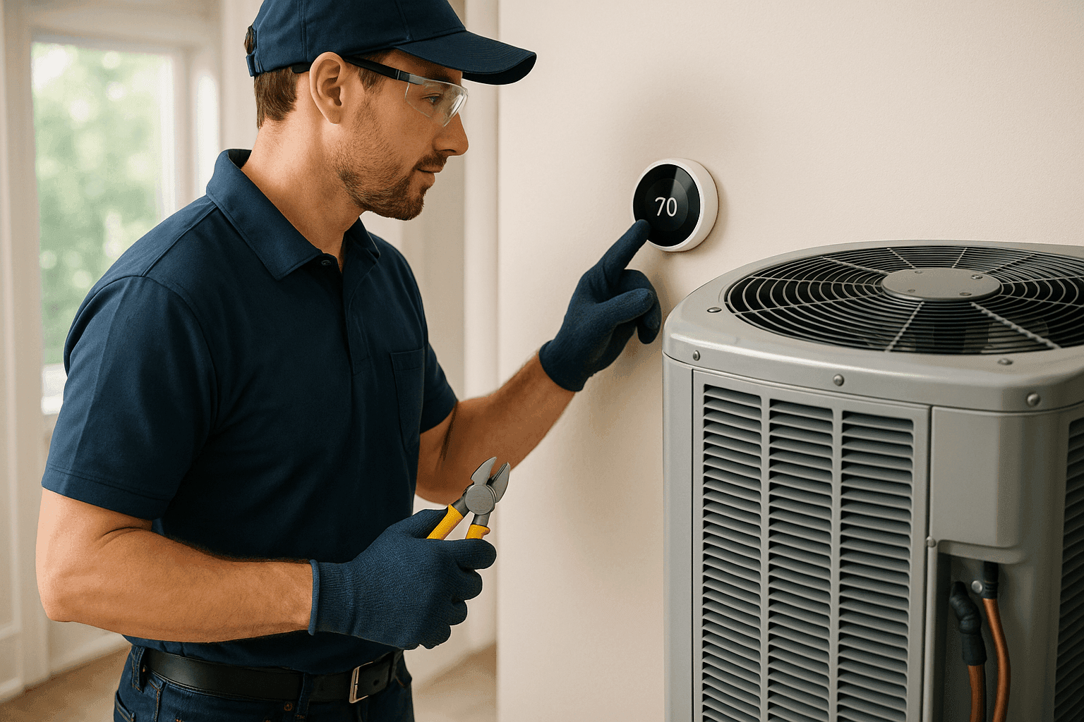 HVAC technician adjusting a smart thermostat in a residential home