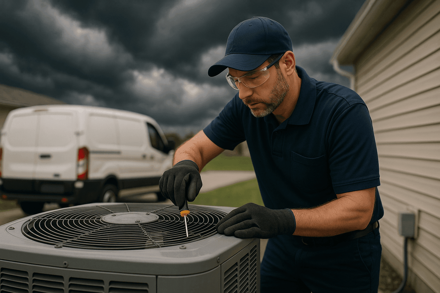 HVAC technician performing inspection on outdoor AC unit before severe weather