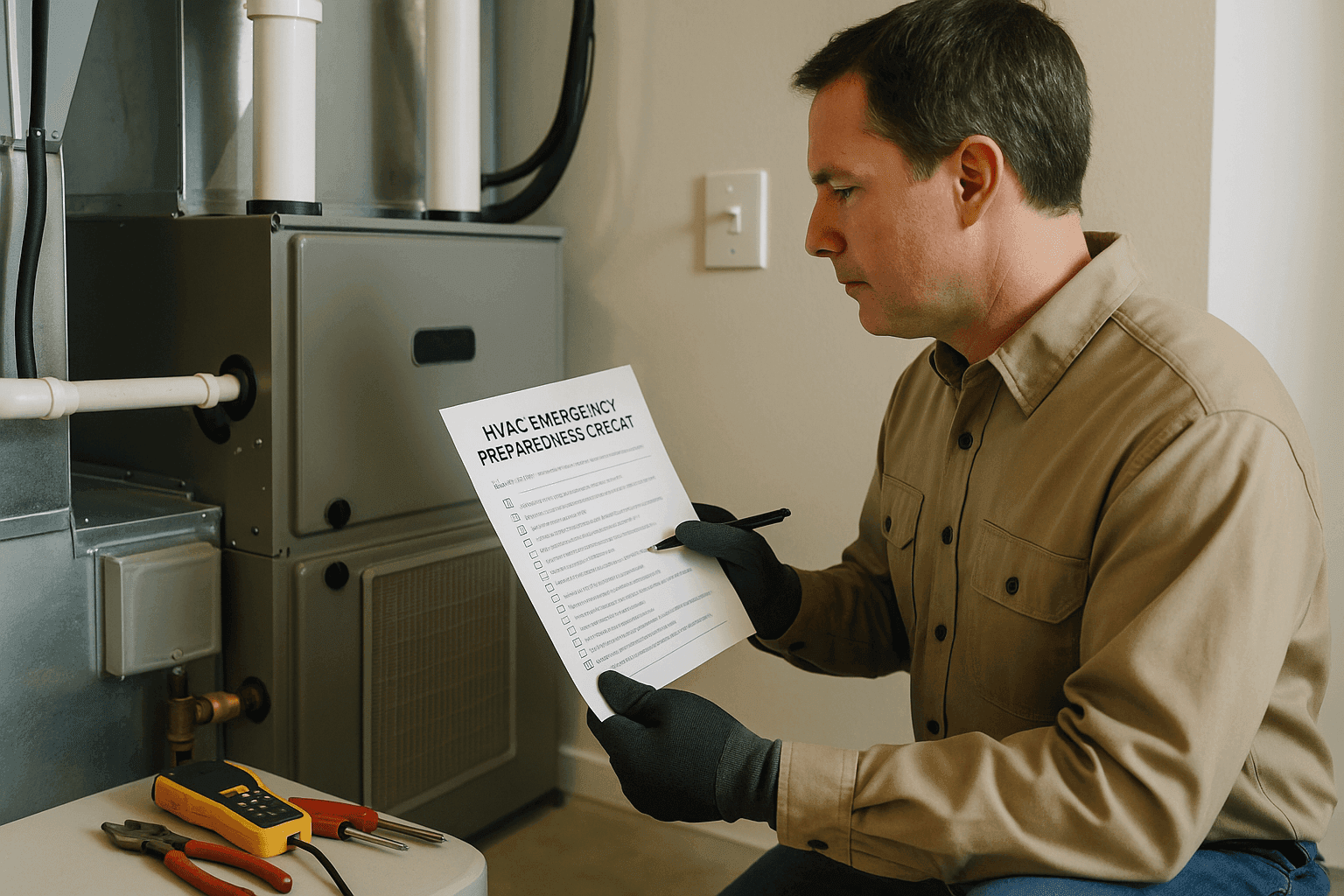 Homeowner preparing HVAC emergency checklist near HVAC unit