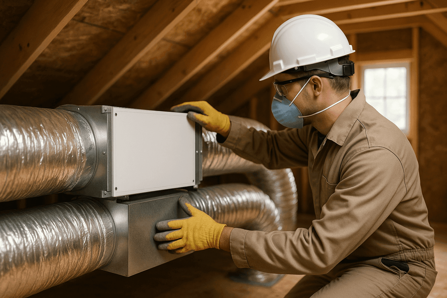 Technician inspecting ductwork and an in-line whole-house air scrubber unit in an attic