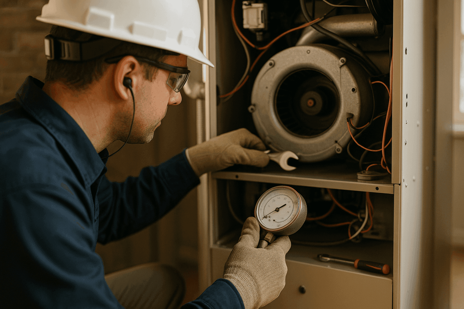 Close-up of a technician inspecting a furnace blower compartment