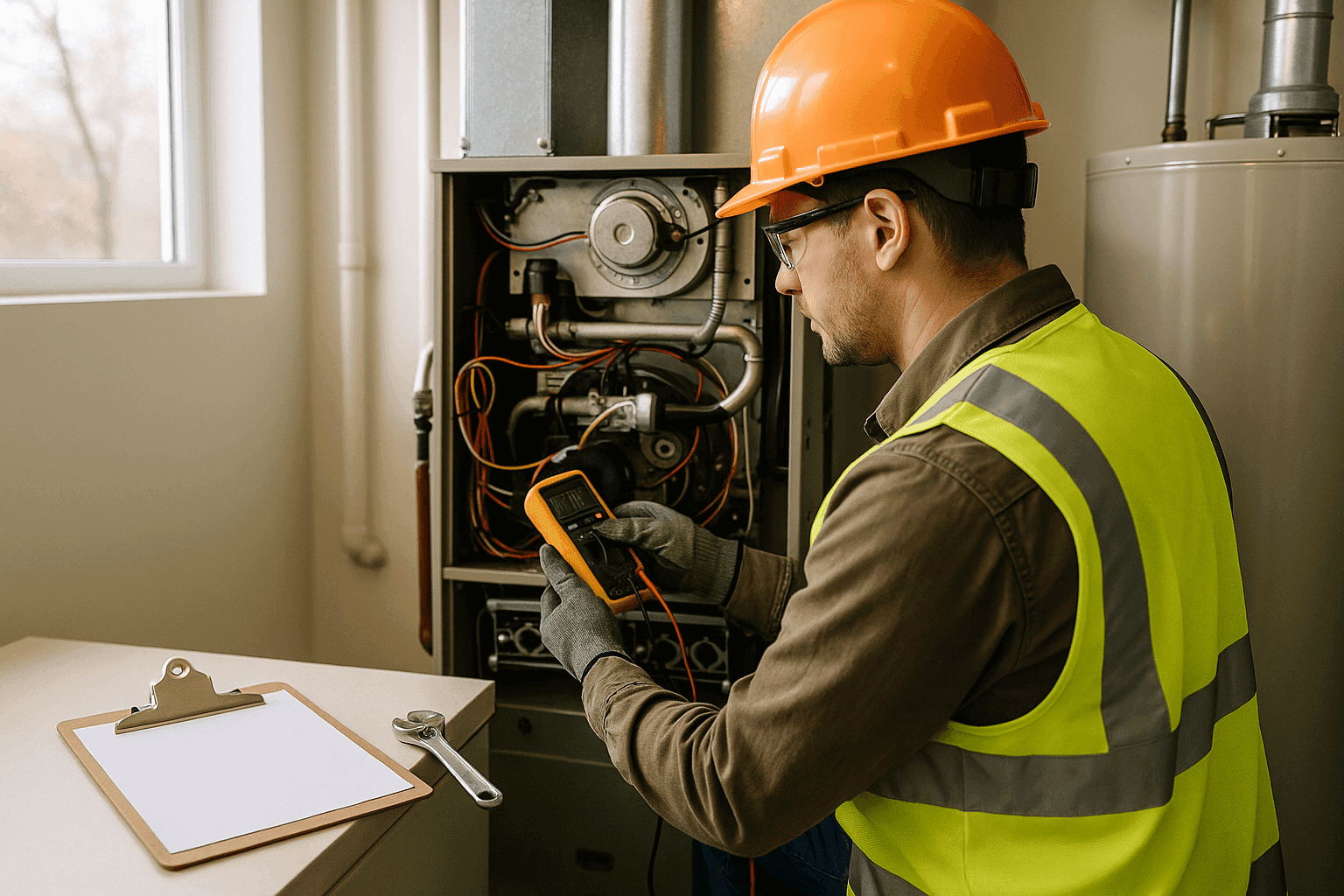Technician performing winter maintenance on a residential furnace