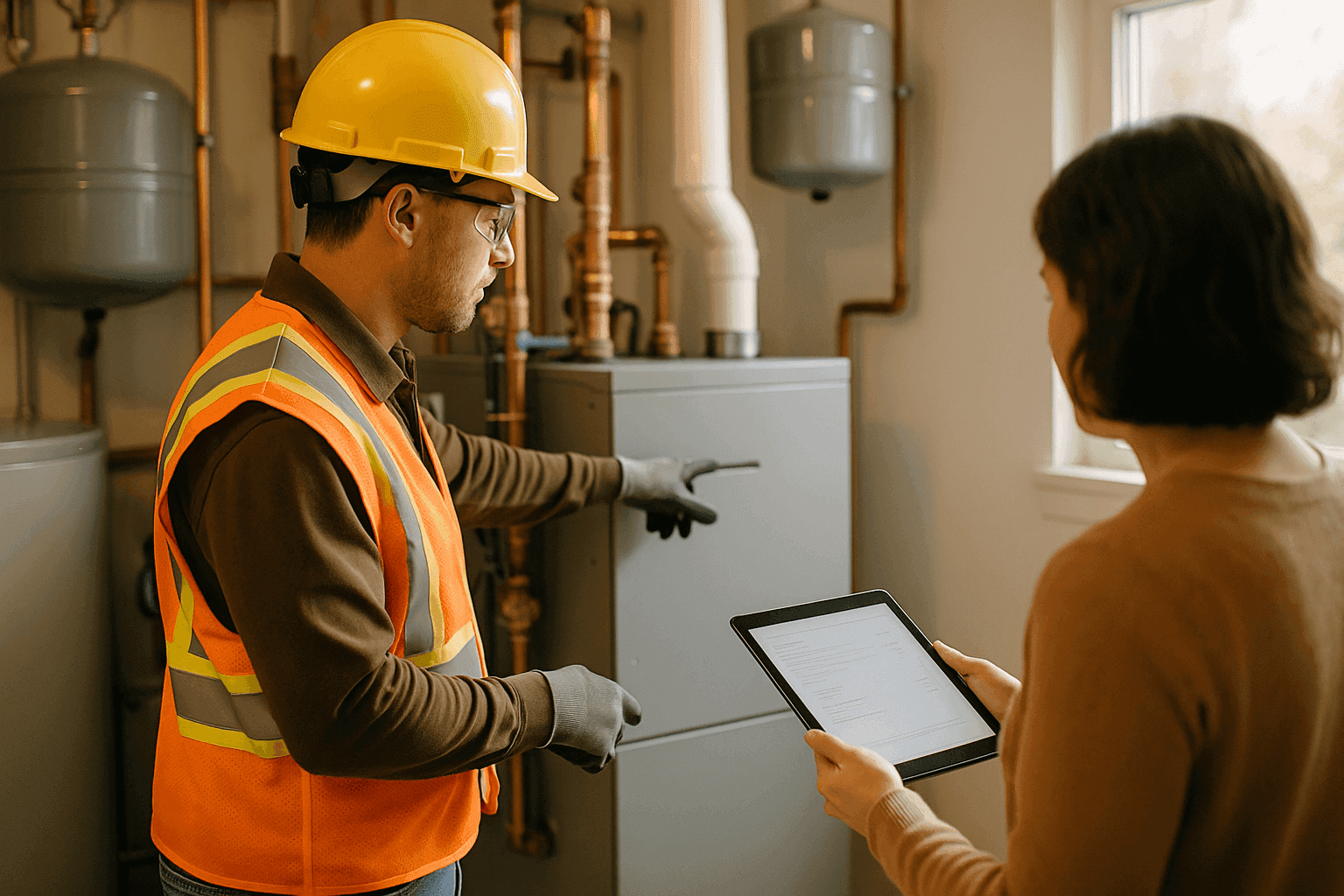 Technician pointing to furnace options with homeowner reviewing estimate